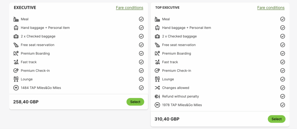 TAP Business class fares